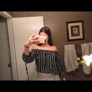 Black and white striped off the shoulder shirt